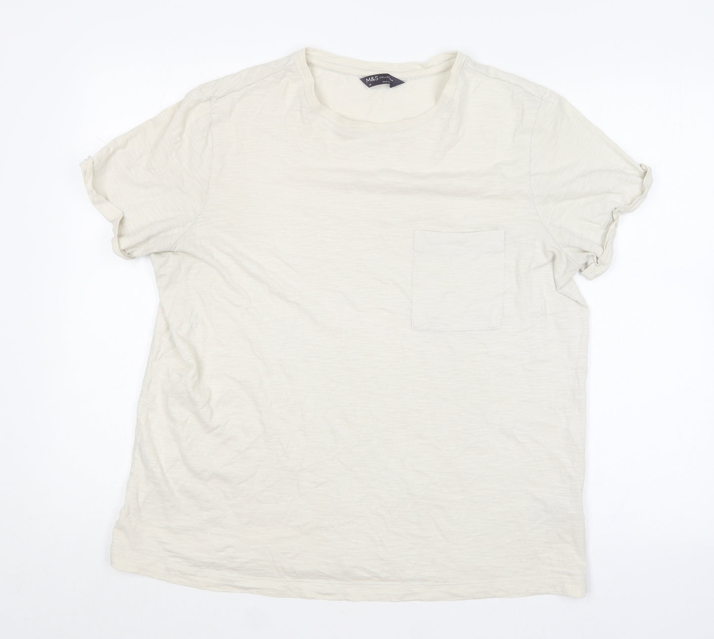 Marks and Spencer Womens Ivory  Cotton Basic T-Shirt Size 14 Round Neck