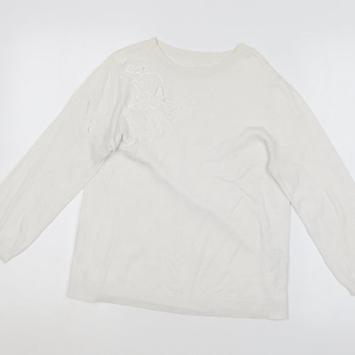 Oasis Womens White Round Neck  Cotton Blend Pullover Jumper Size M