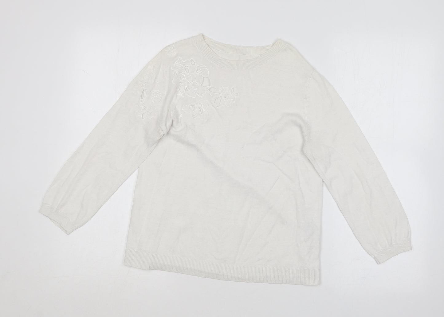 Oasis Womens White Round Neck  Cotton Blend Pullover Jumper Size M