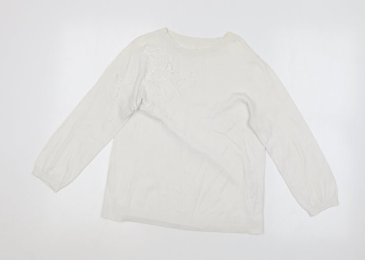 Oasis Womens White Round Neck Cotton Blend Pullover Jumper Size M