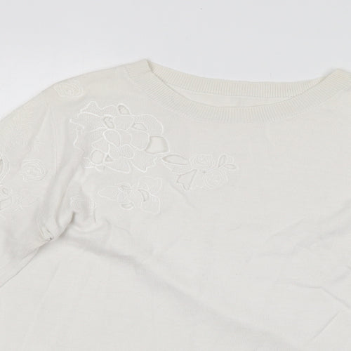 Oasis Womens White Round Neck  Cotton Blend Pullover Jumper Size M