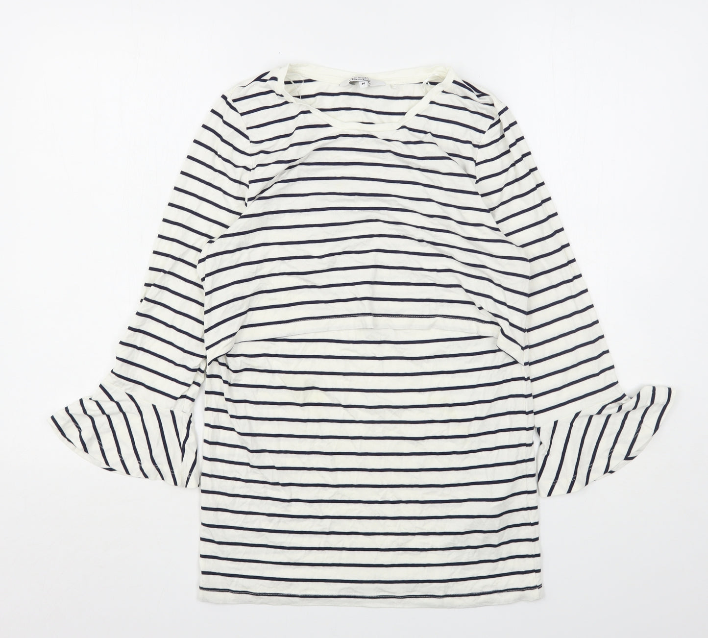 Blooming Marvellous Womens White Striped Viscose Basic T-Shirt Size M Round Neck