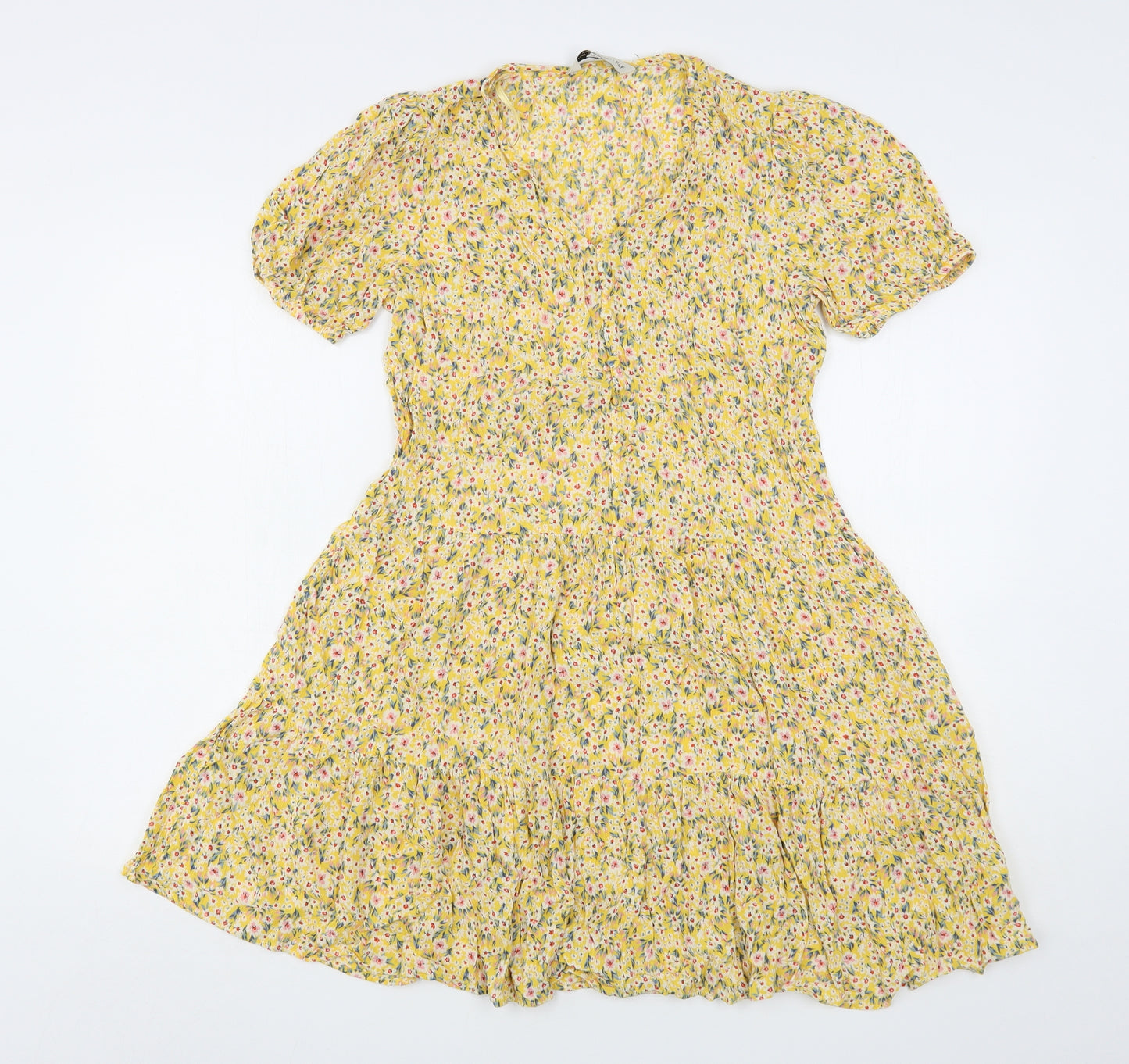 F&F Womens Yellow Floral Viscose A-Line  Size 10  V-Neck