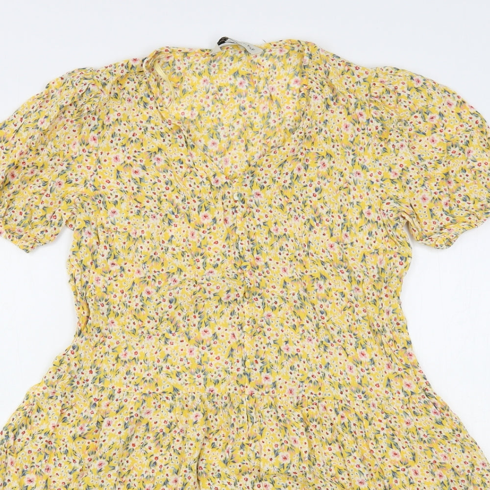 F&F Womens Yellow Floral Viscose A-Line  Size 10  V-Neck