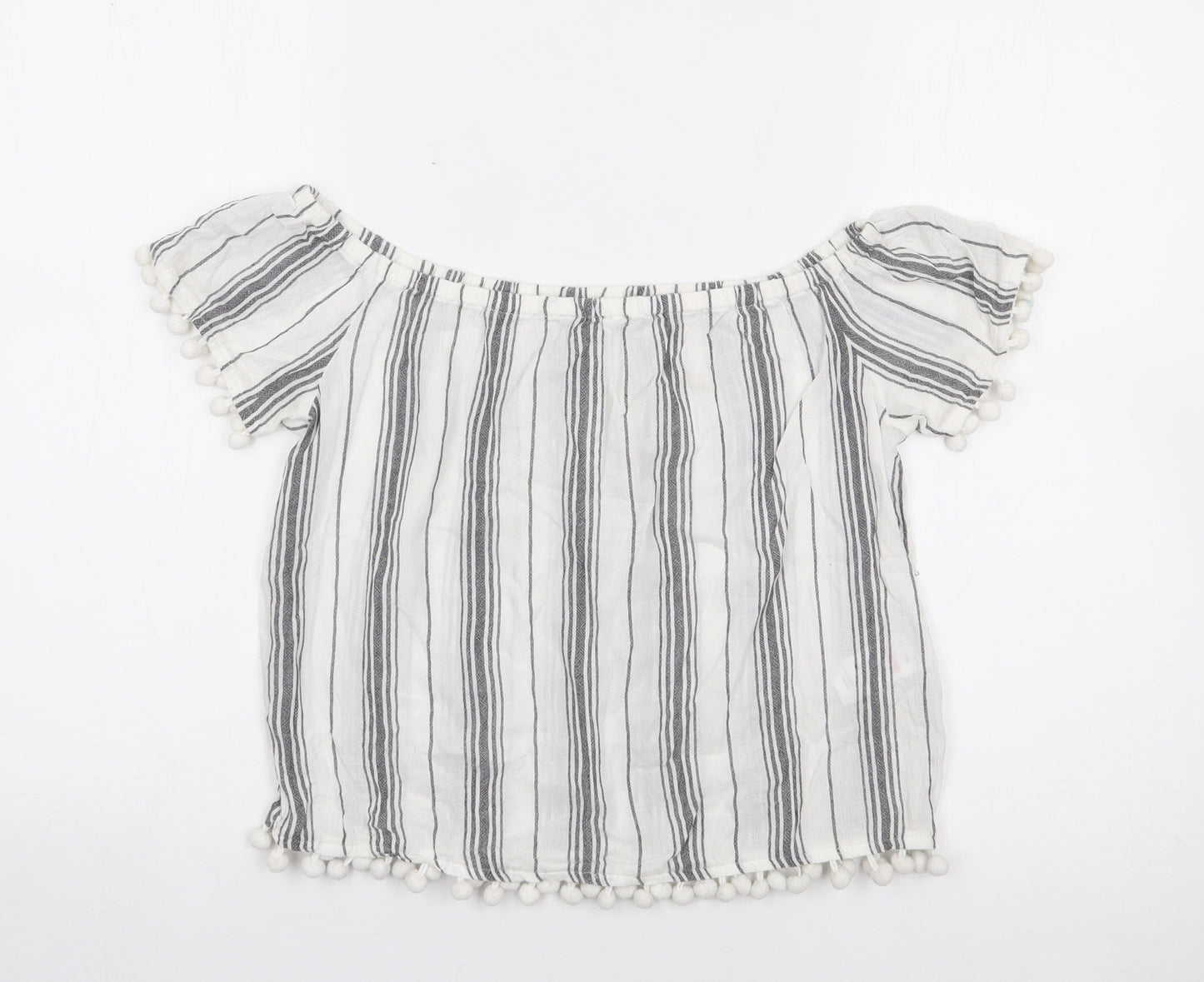 Matalan Girls Ivory Striped Viscose Jersey Blouse Size 12 Years Boat Neck Pullover