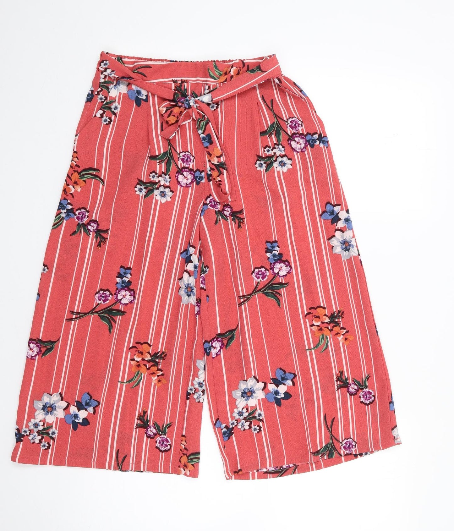 Primark Womens Multicoloured Floral Polyester Cropped Trousers Size 8  Regular Drawstring - Culottes