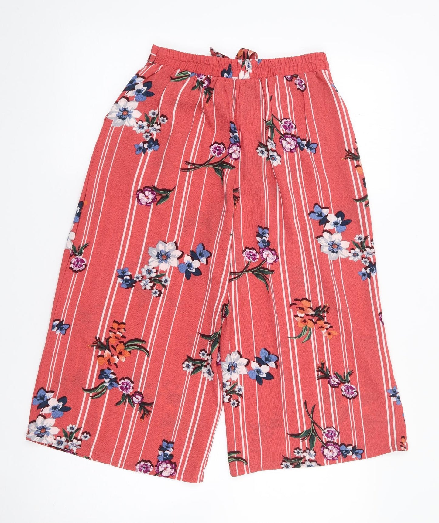 Primark Womens Multicoloured Floral Polyester Cropped Trousers Size 8  Regular Drawstring - Culottes