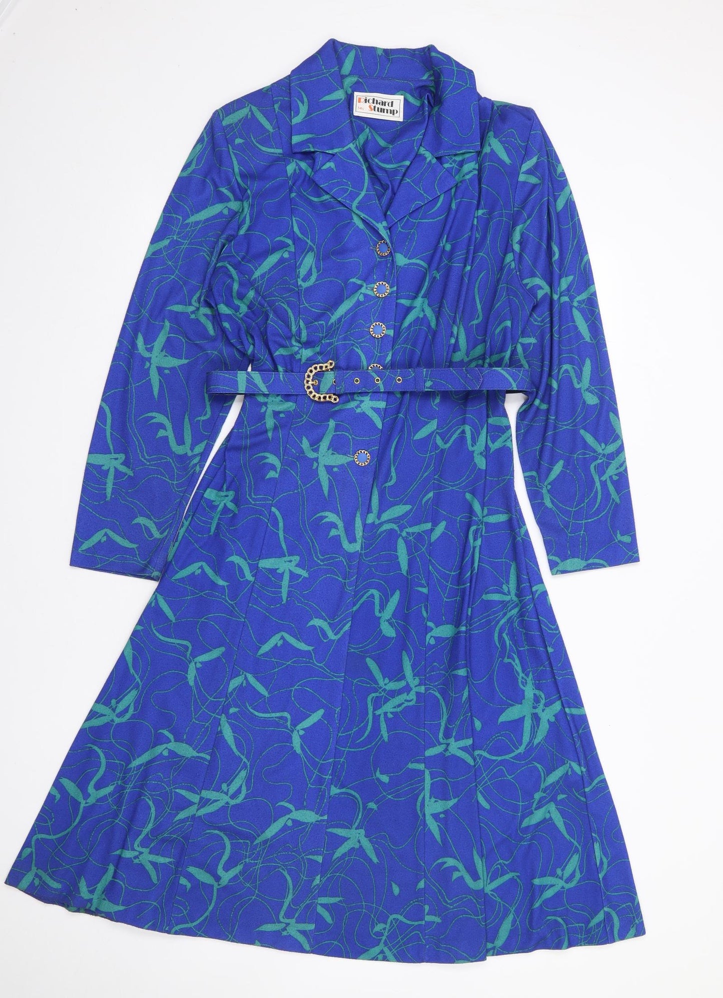 Richard Stump Womens Blue Geometric Polyester Shirt Dress  Size 14  Collared Button