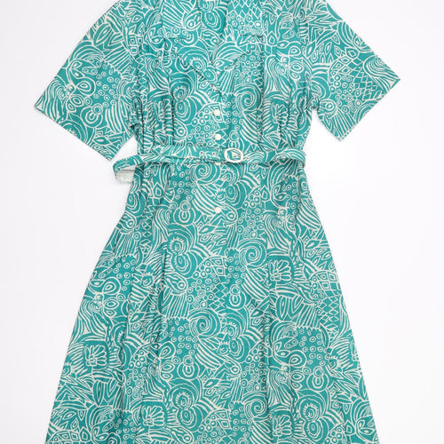 Richard Stump Womens Green Geometric Polyester Shirt Dress  Size 14  Collared Button