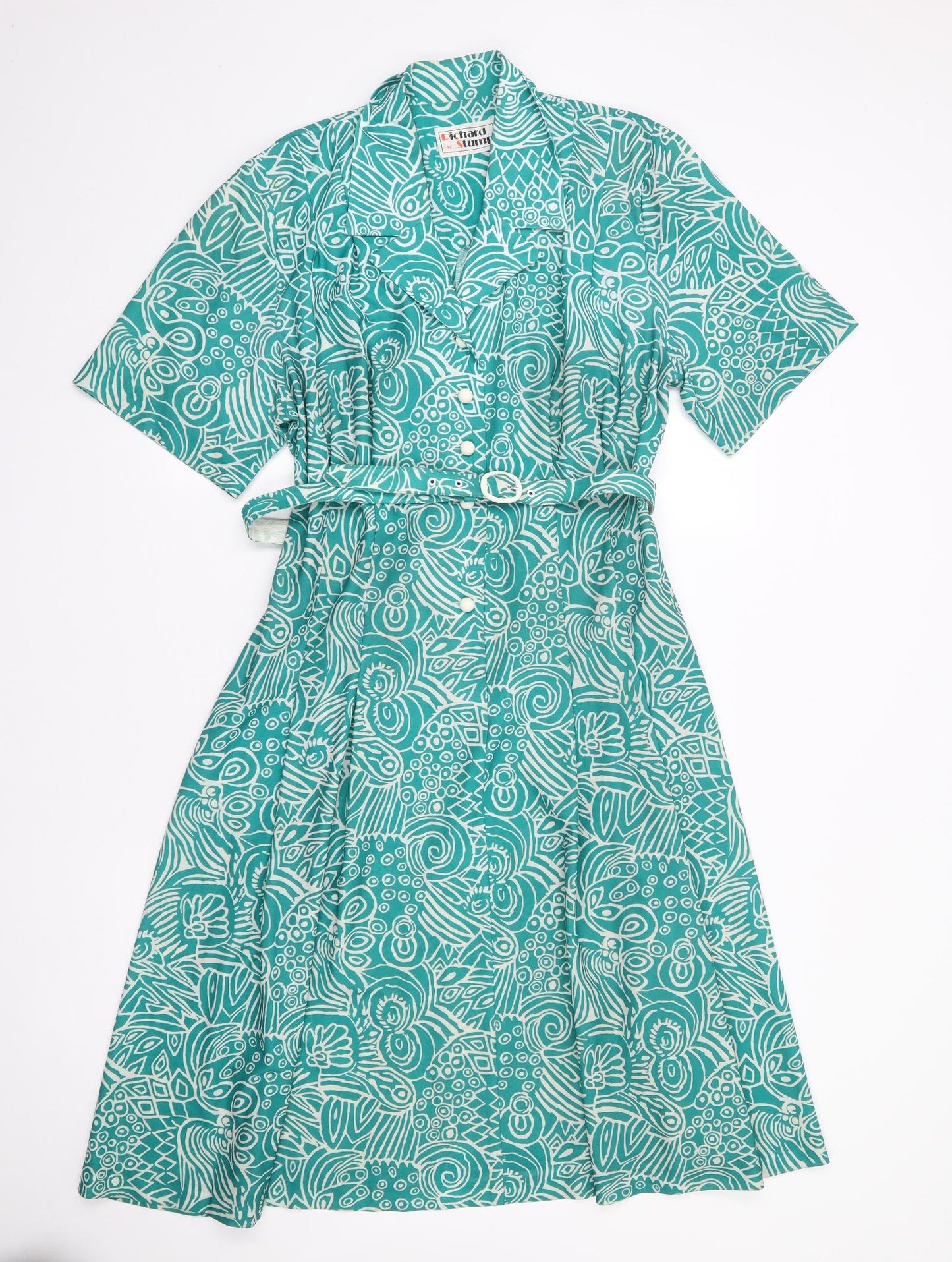Richard Stump Womens Green Geometric Polyester Shirt Dress  Size 14  Collared Button