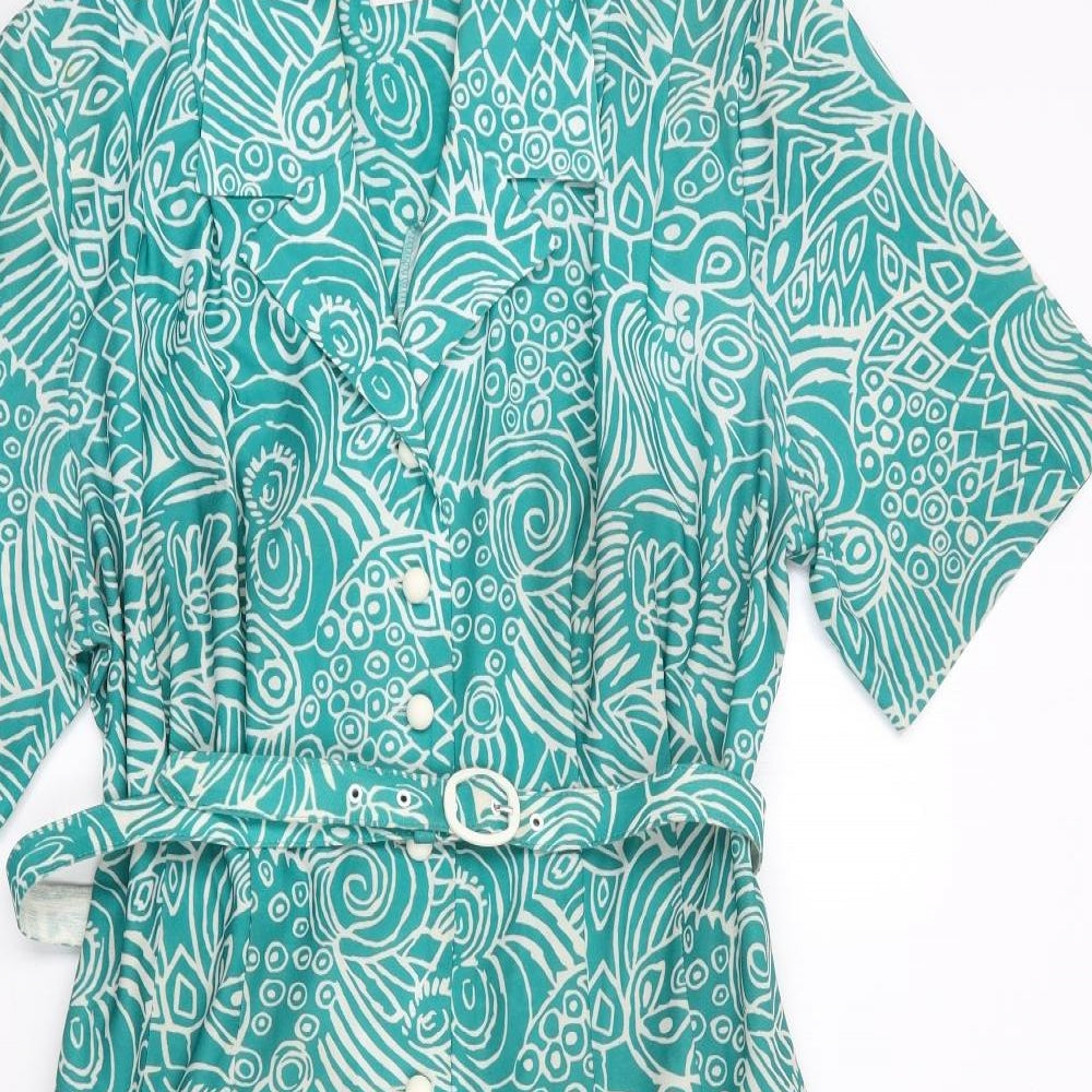 Richard Stump Womens Green Geometric Polyester Shirt Dress  Size 14  Collared Button