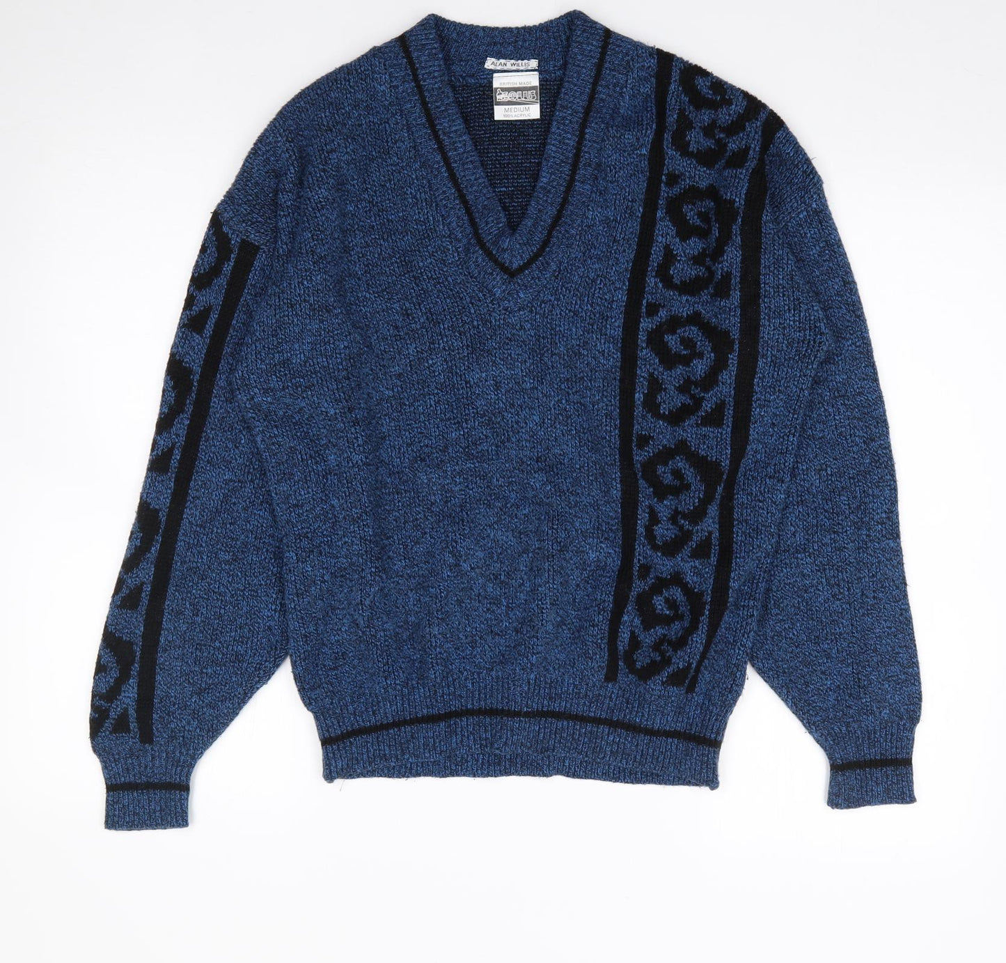 Alan Willis Mens Blue V-Neck Geometric Acrylic Pullover Jumper Size M