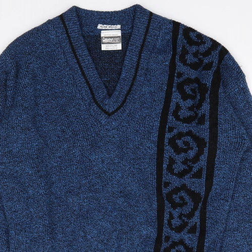 Alan Willis Mens Blue V-Neck Geometric Acrylic Pullover Jumper Size M