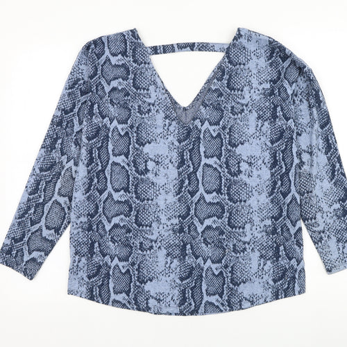 NEXT Womens Blue V-Neck Animal Print Polyester Pullover Jumper Size 12