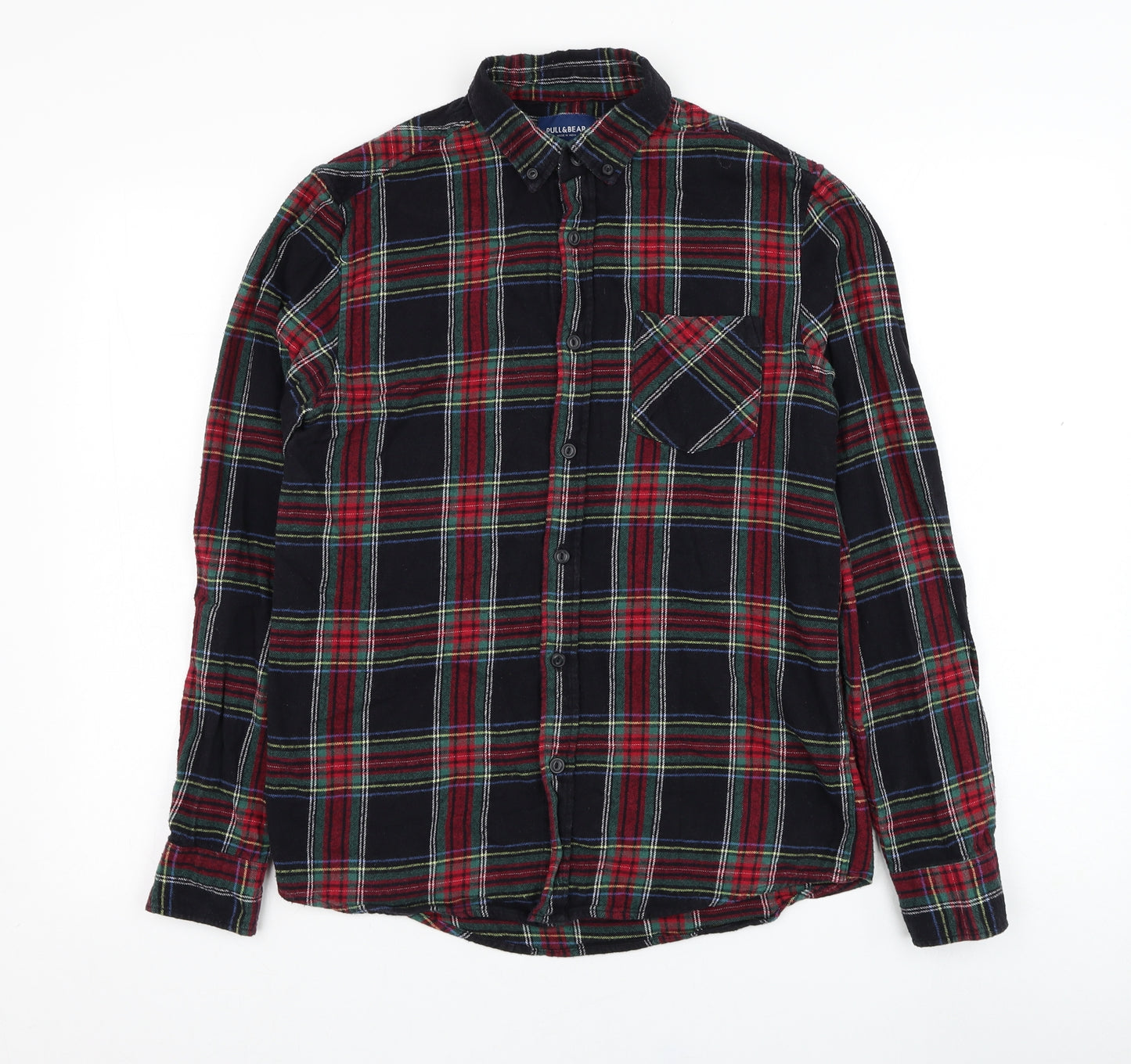 Pull&Bear Mens Black Check Cotton  Button-Up Size S Collared Button