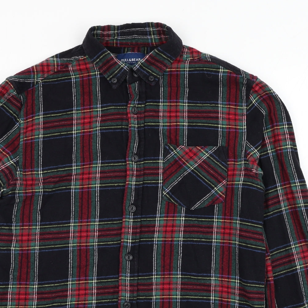 Pull&Bear Mens Black Check Cotton  Button-Up Size S Collared Button
