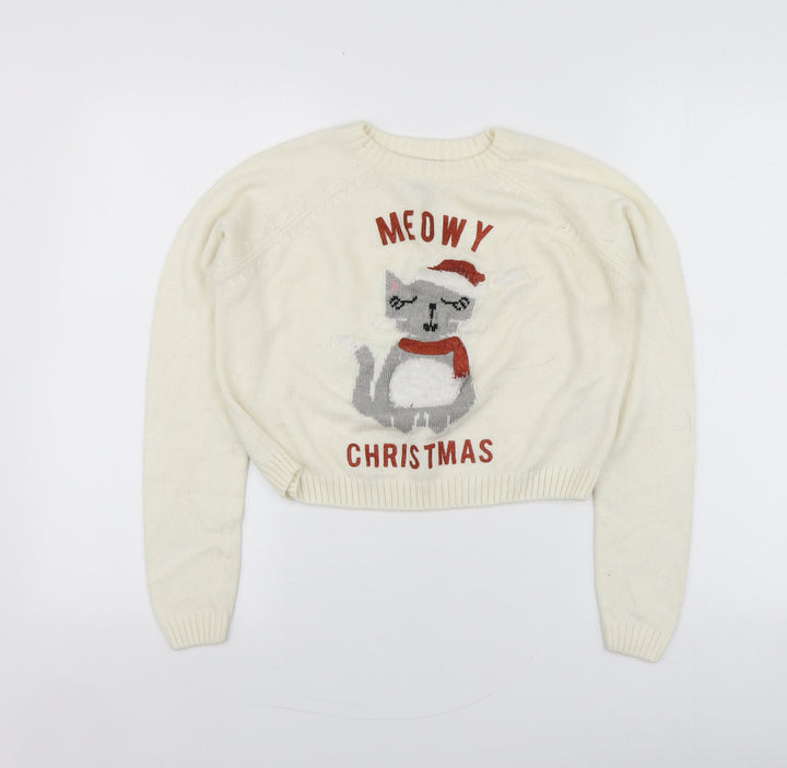 New Look Girls Ivory Round Neck Geometric Acrylic Pullover Jumper Size 10-11 Years - Santa Jumper