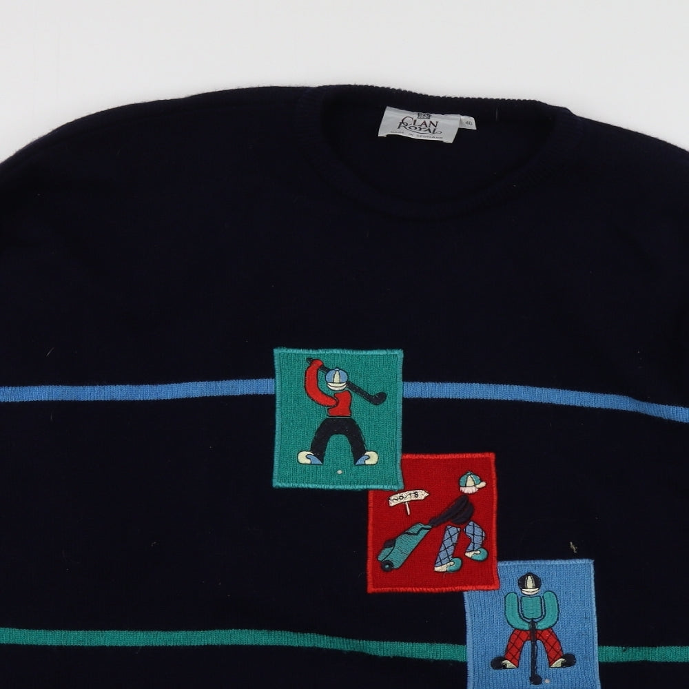 Clan Royal Mens Blue Round Neck Geometric Wool Pullover Jumper Size 2XL