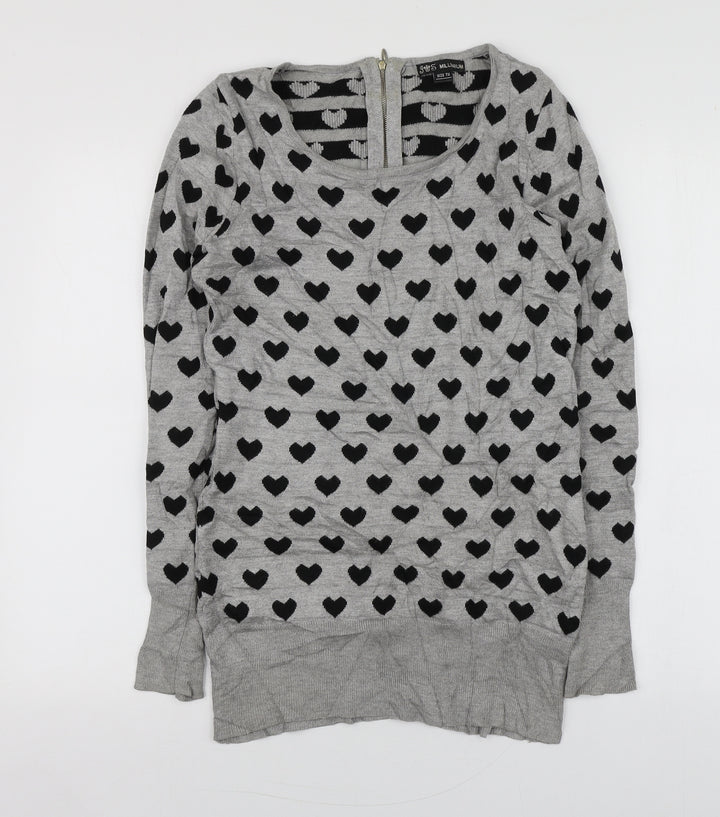 Millenium Womens Grey Round Neck Geometric Viscose Pullover Jumper Size S
