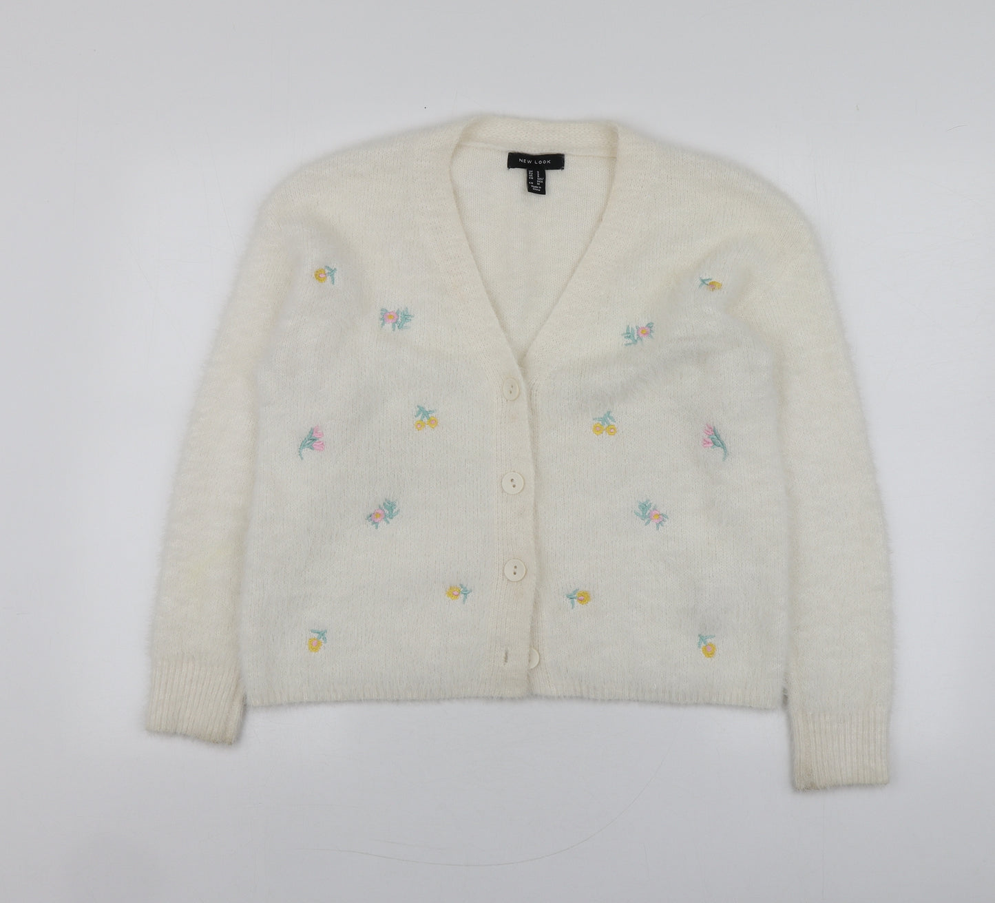 New Look Womens Ivory V-Neck Geometric Polyamide Cardigan Jumper Size S