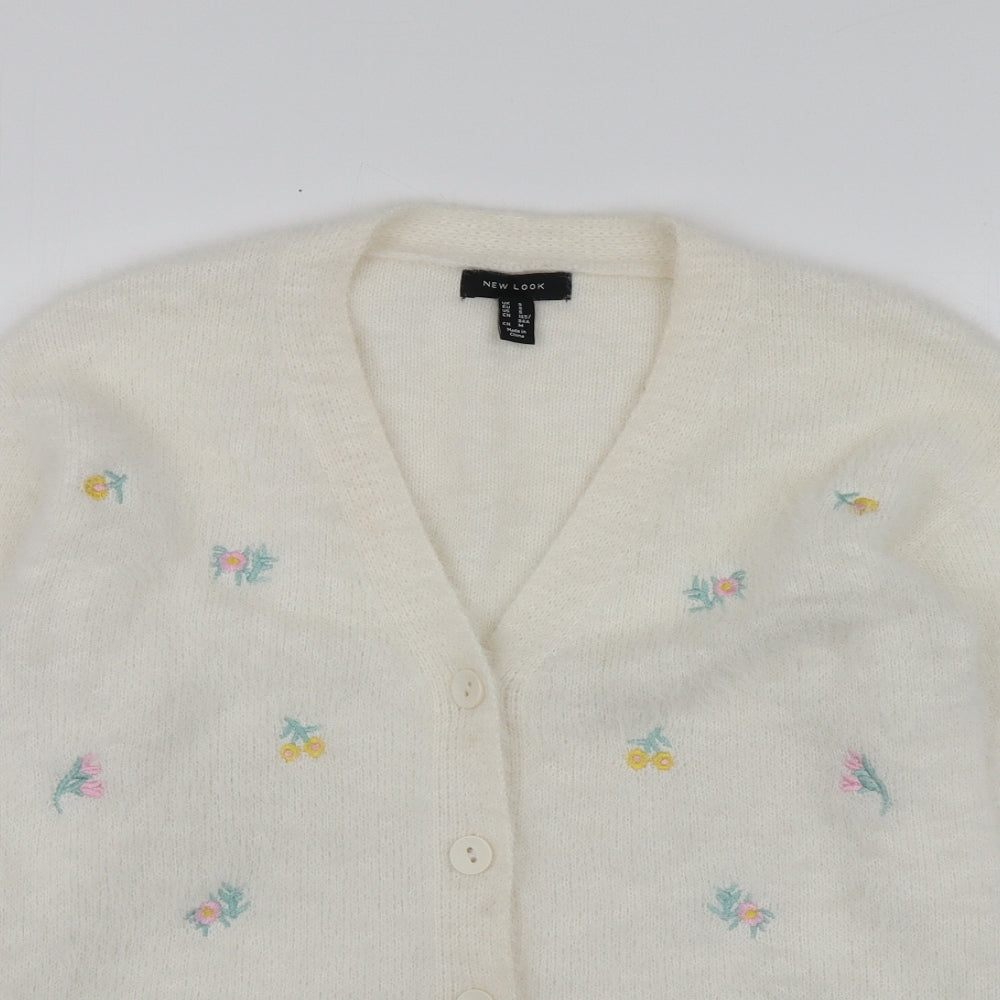 New Look Womens Ivory V-Neck Geometric Polyamide Cardigan Jumper Size S