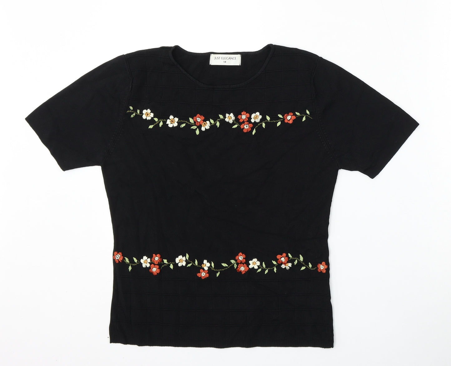 JUST ELEGANCE Womens Black Round Neck Floral Rayon Pullover Jumper Size 14