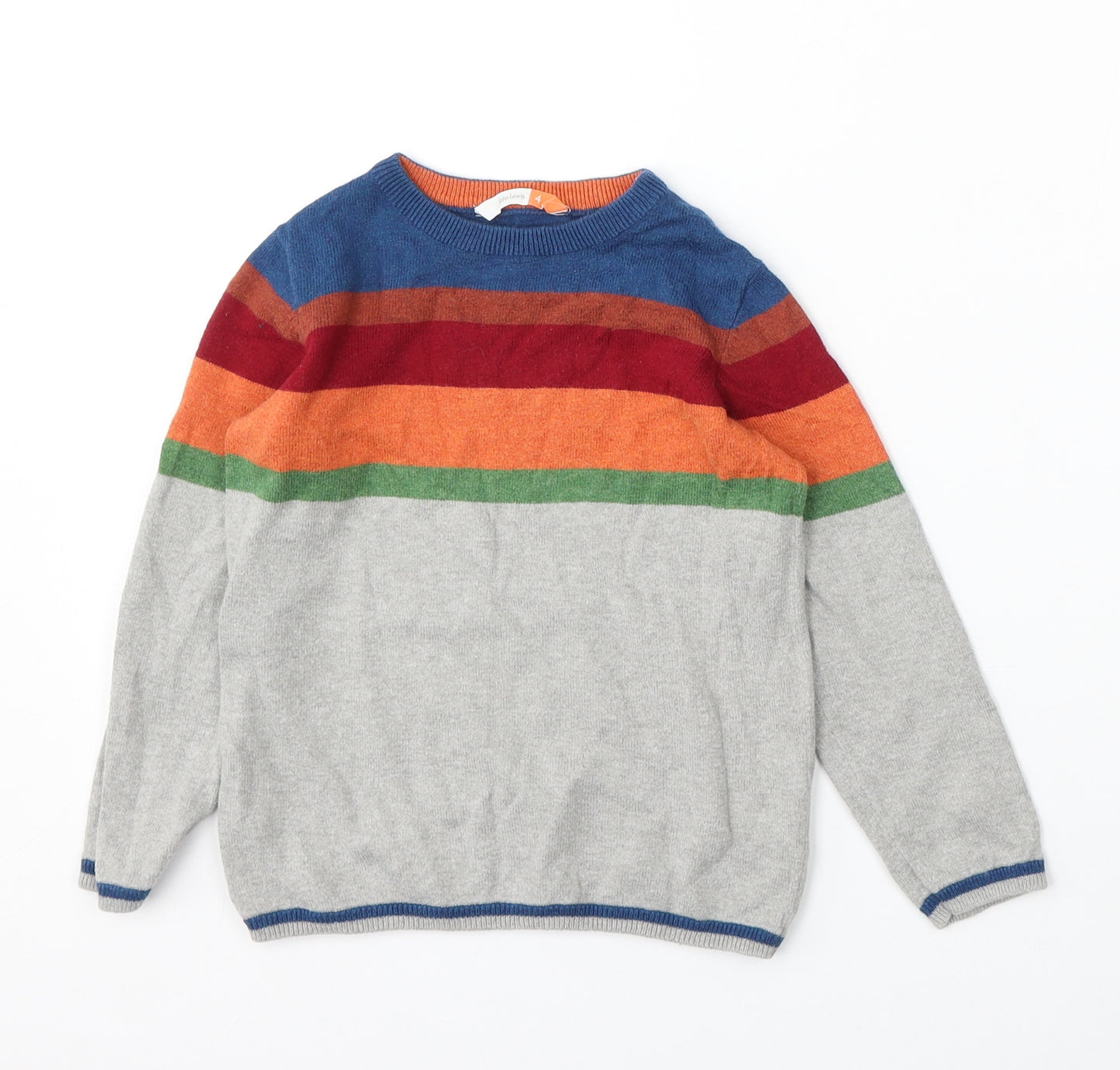 John Lewis Boys Grey Round Neck Striped Cotton Pullover Jumper Size 4 Years