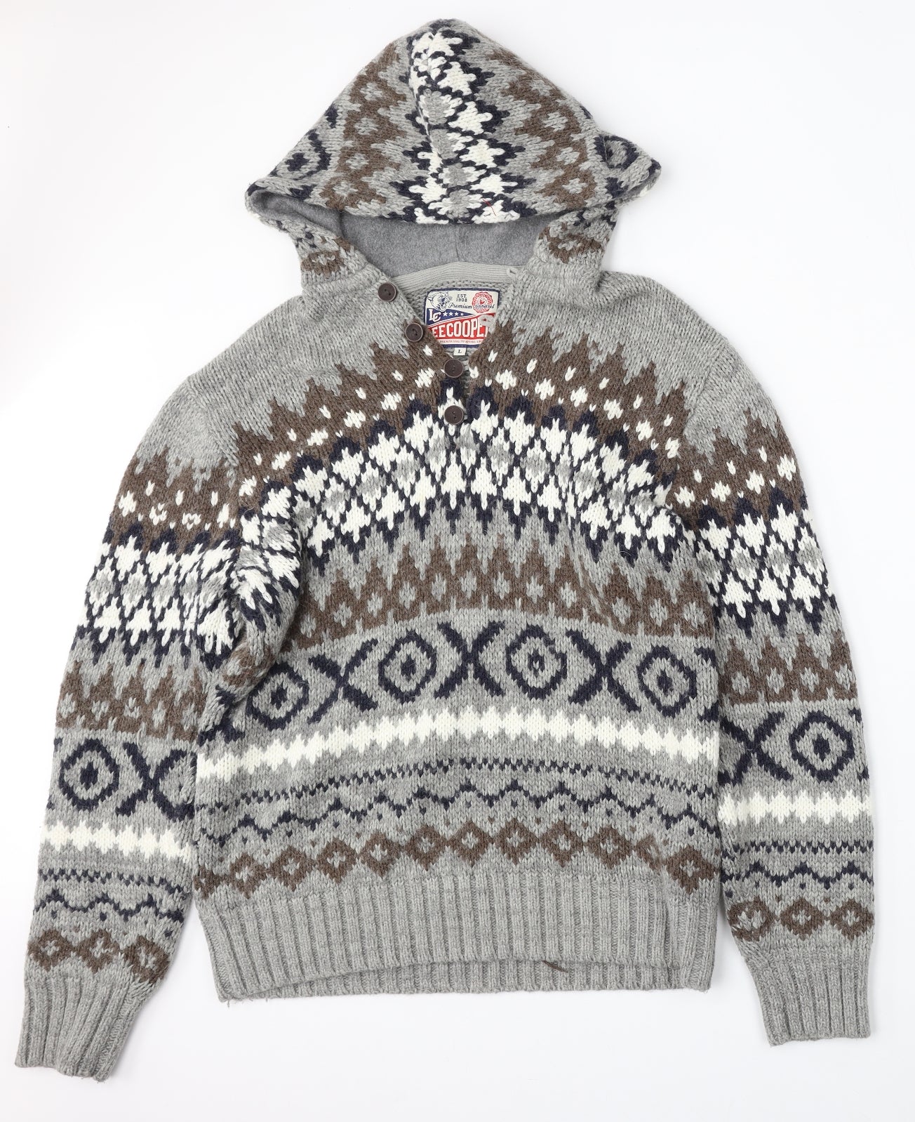 Lee Cooper Mens Grey Round Neck Geometric Acrylic Pullover Jumper Size L