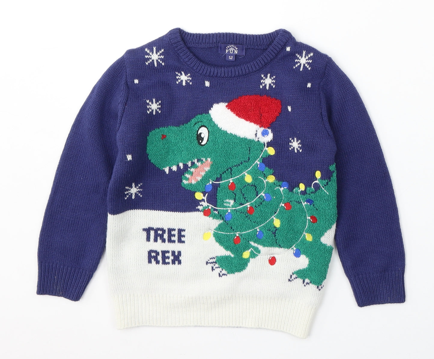 Festive fun Boys Blue Round Neck  Acrylic Pullover Jumper Size 4-5 Years   - christmas