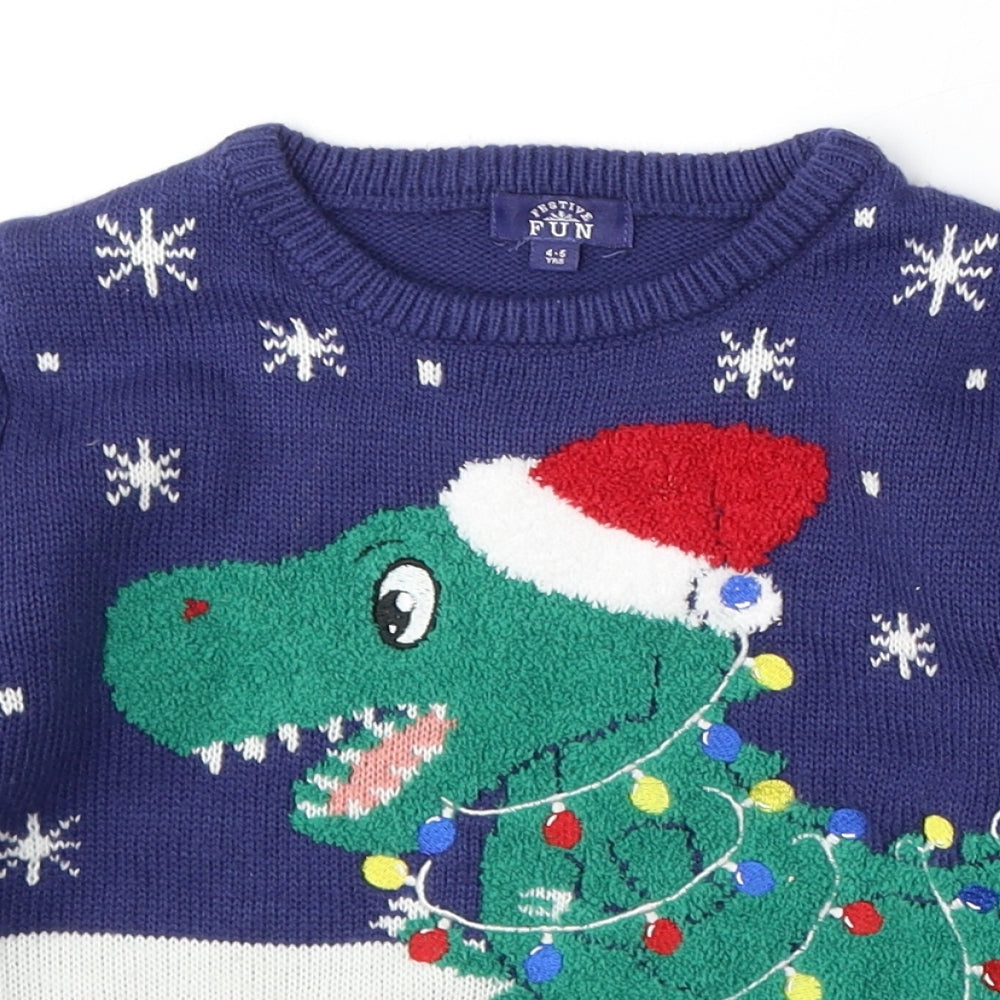 Festive fun Boys Blue Round Neck  Acrylic Pullover Jumper Size 4-5 Years   - christmas