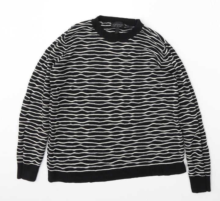 Topshop Womens Black Round Neck Striped Cotton Pullover Jumper Size 14