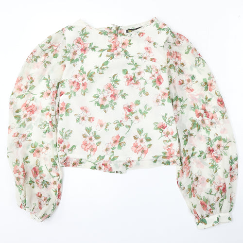 Angel Eye Womens White Floral Polyester Basic Blouse Size S Round Neck