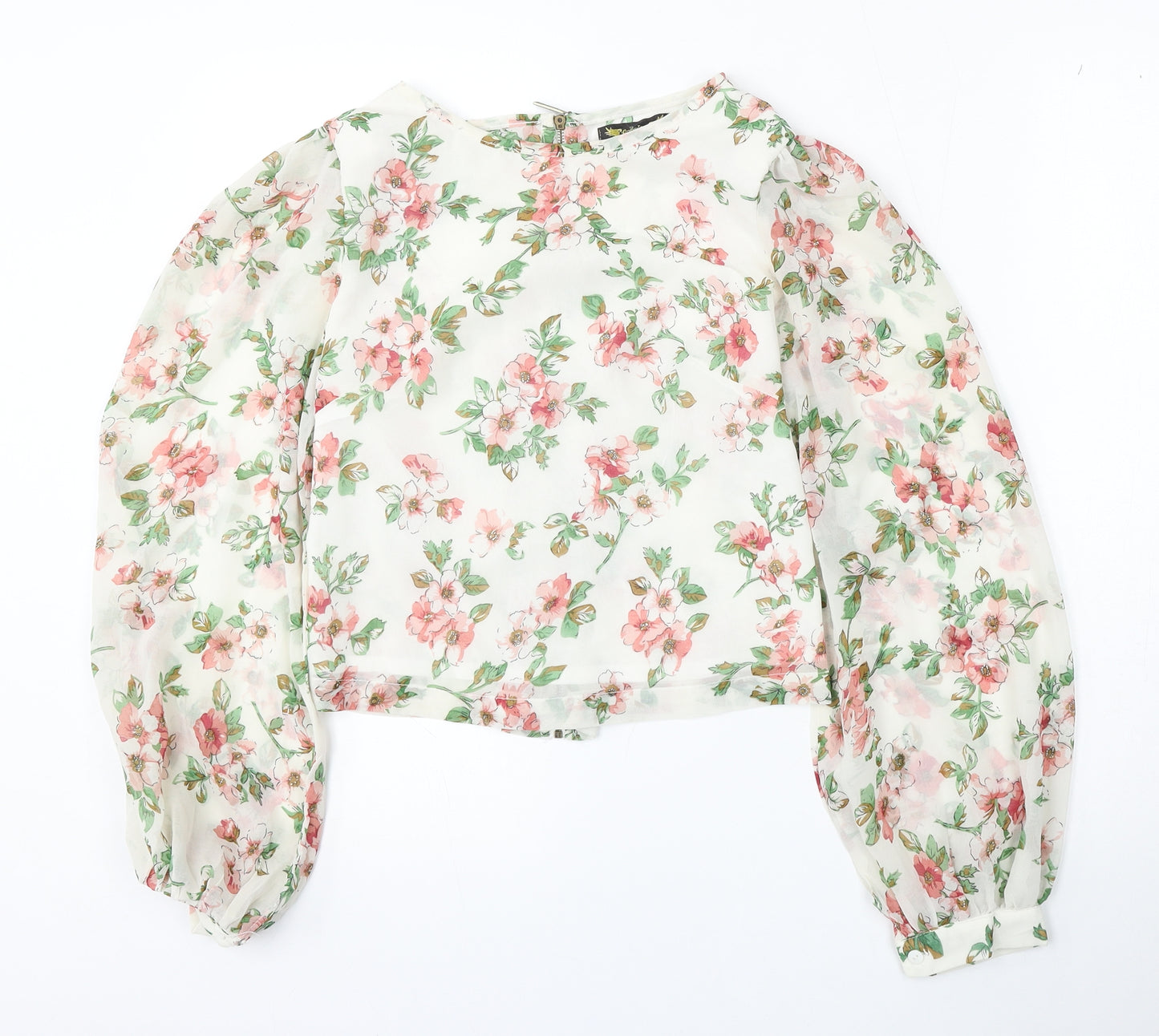 Angel Eye Womens White Floral Polyester Basic Blouse Size S Round Neck