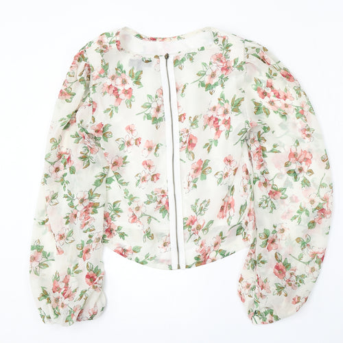 Angel Eye Womens White Floral Polyester Basic Blouse Size S Round Neck