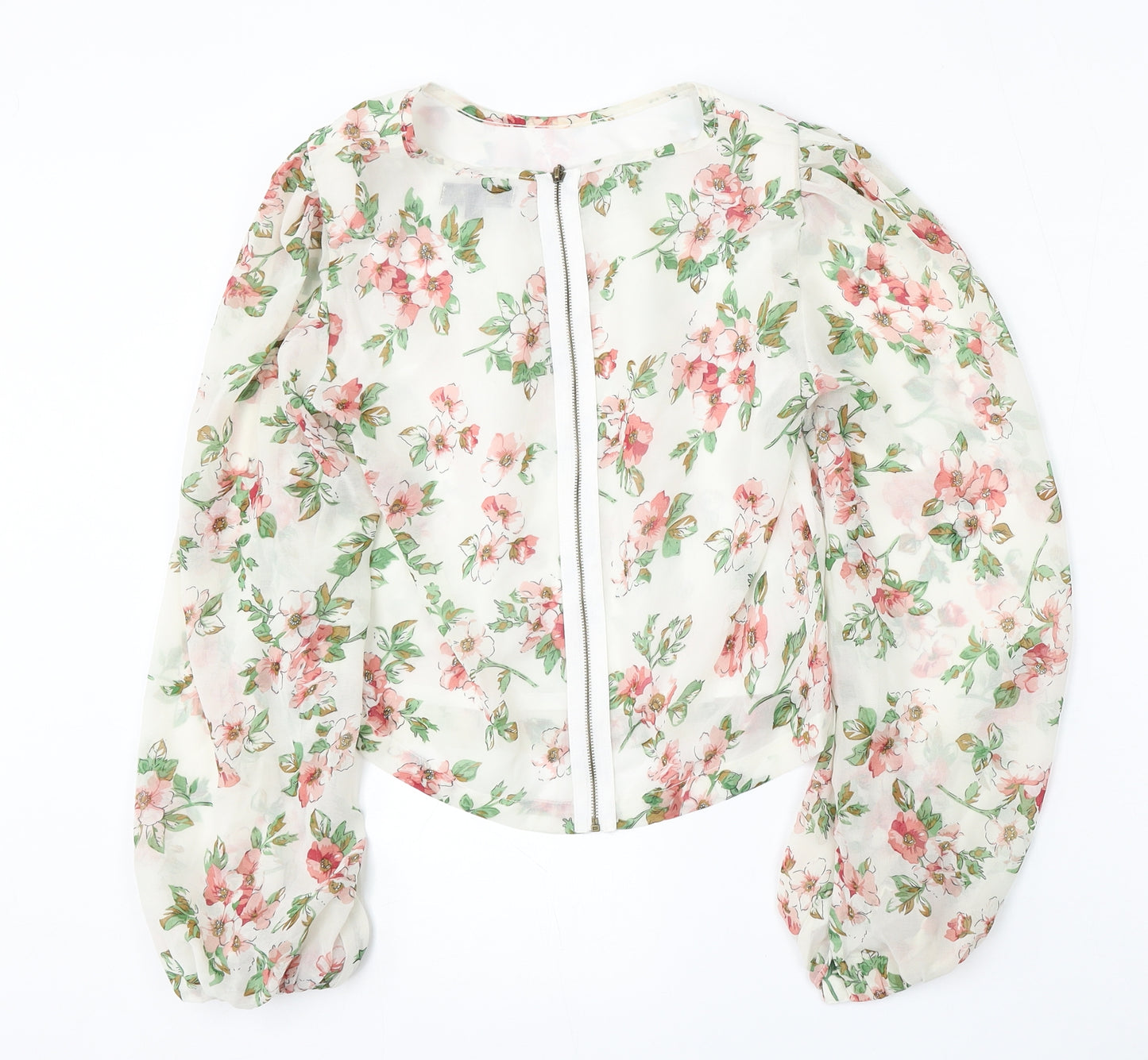 Angel Eye Womens White Floral Polyester Basic Blouse Size S Round Neck