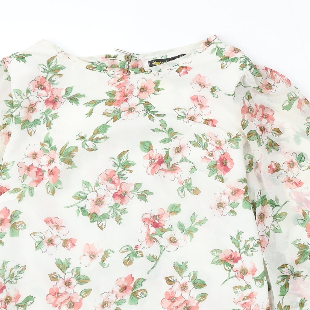 Angel Eye Womens White Floral Polyester Basic Blouse Size S Round Neck