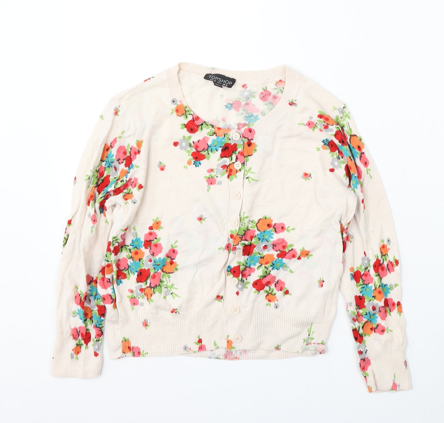 Topshop Womens Beige Round Neck Floral Cotton Cardigan Jumper Size 10