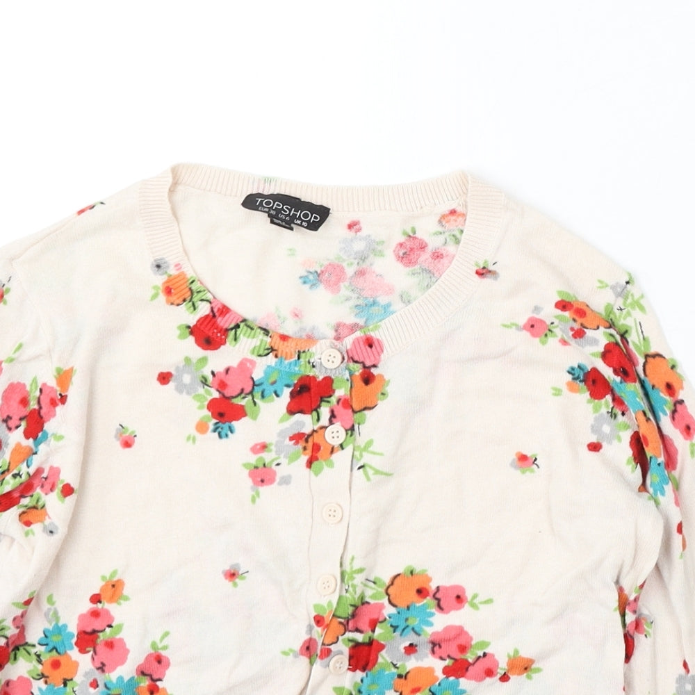 Topshop Womens Beige Round Neck Floral Cotton Cardigan Jumper Size 10