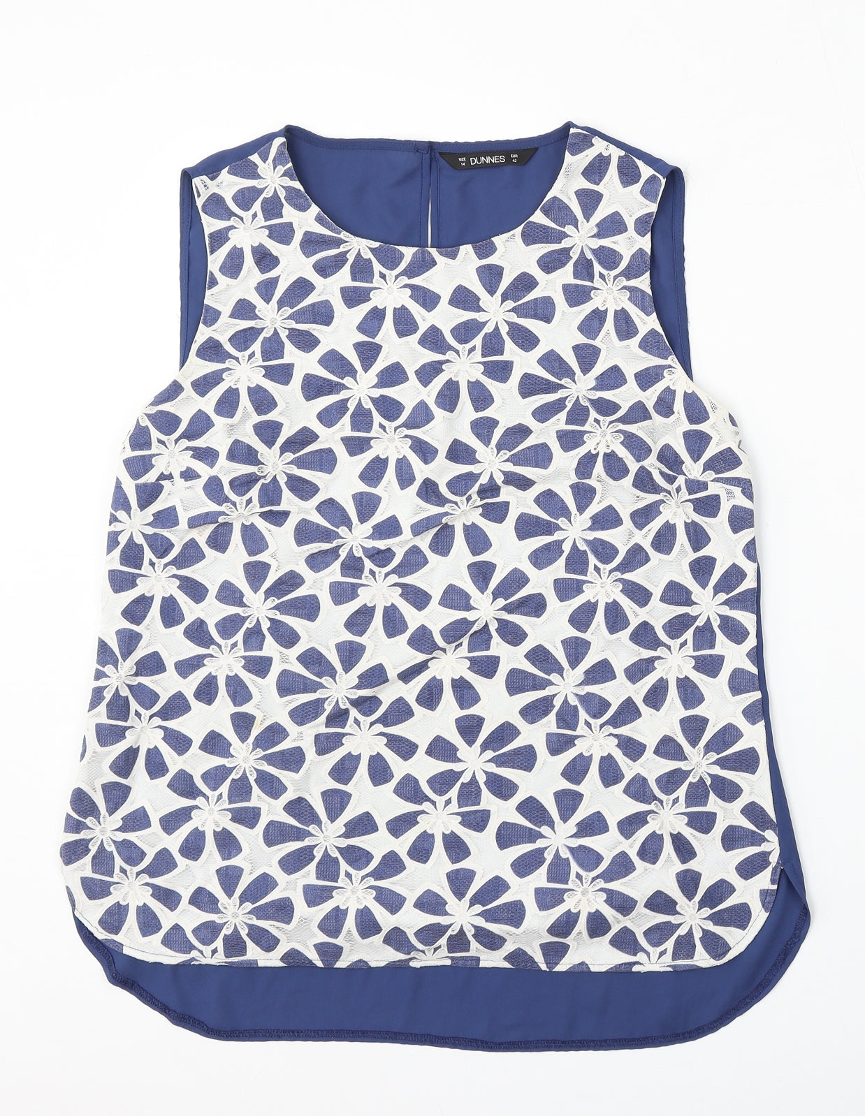 Dunnes Womens Blue Geometric Cotton Basic Tank Size 14 Round Neck
