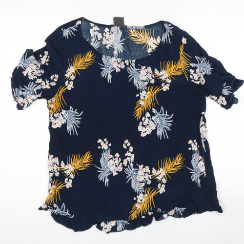 ICHI Womens Blue Floral Polyester Basic Blouse Size 12 Scoop Neck
