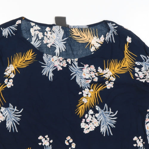 ICHI Womens Blue Floral Polyester Basic Blouse Size 12 Scoop Neck