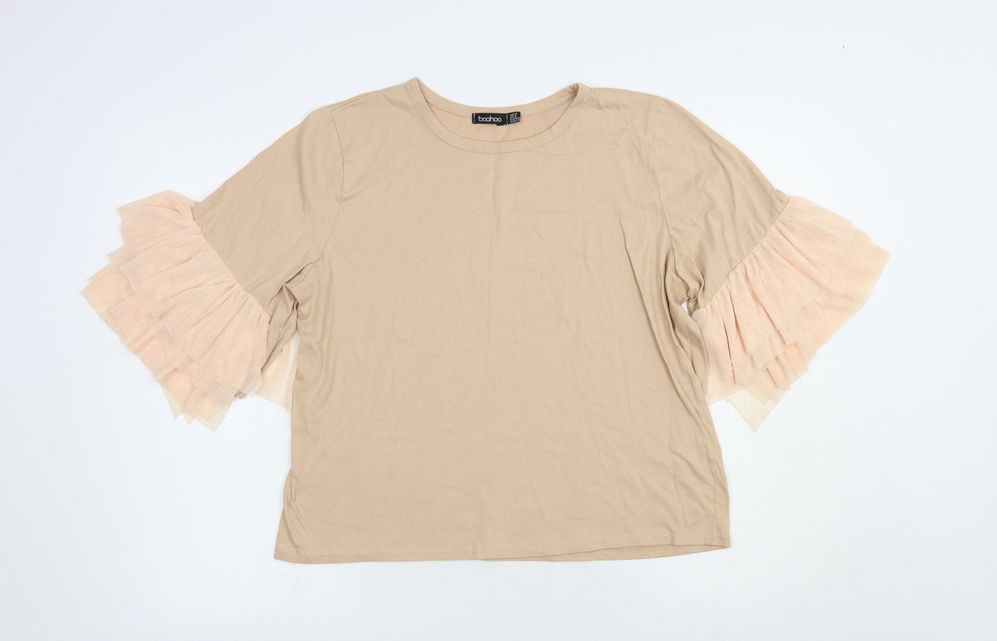 Boohoo Womens Beige  Cotton Basic Blouse Size 12 Crew Neck