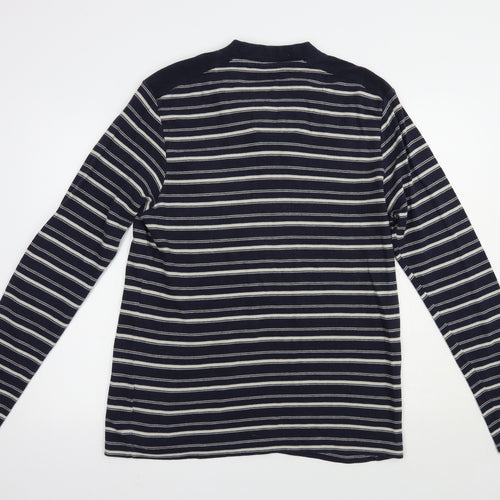 BHS Mens Blue V-Neck Striped Cotton Pullover Jumper Size L