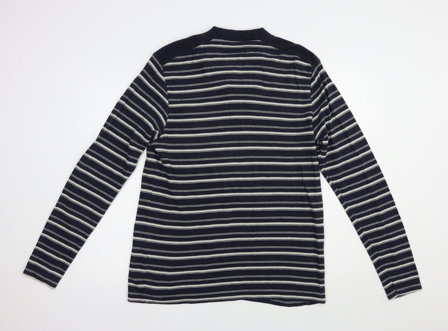 BHS Mens Blue V-Neck Striped Cotton Pullover Jumper Size L