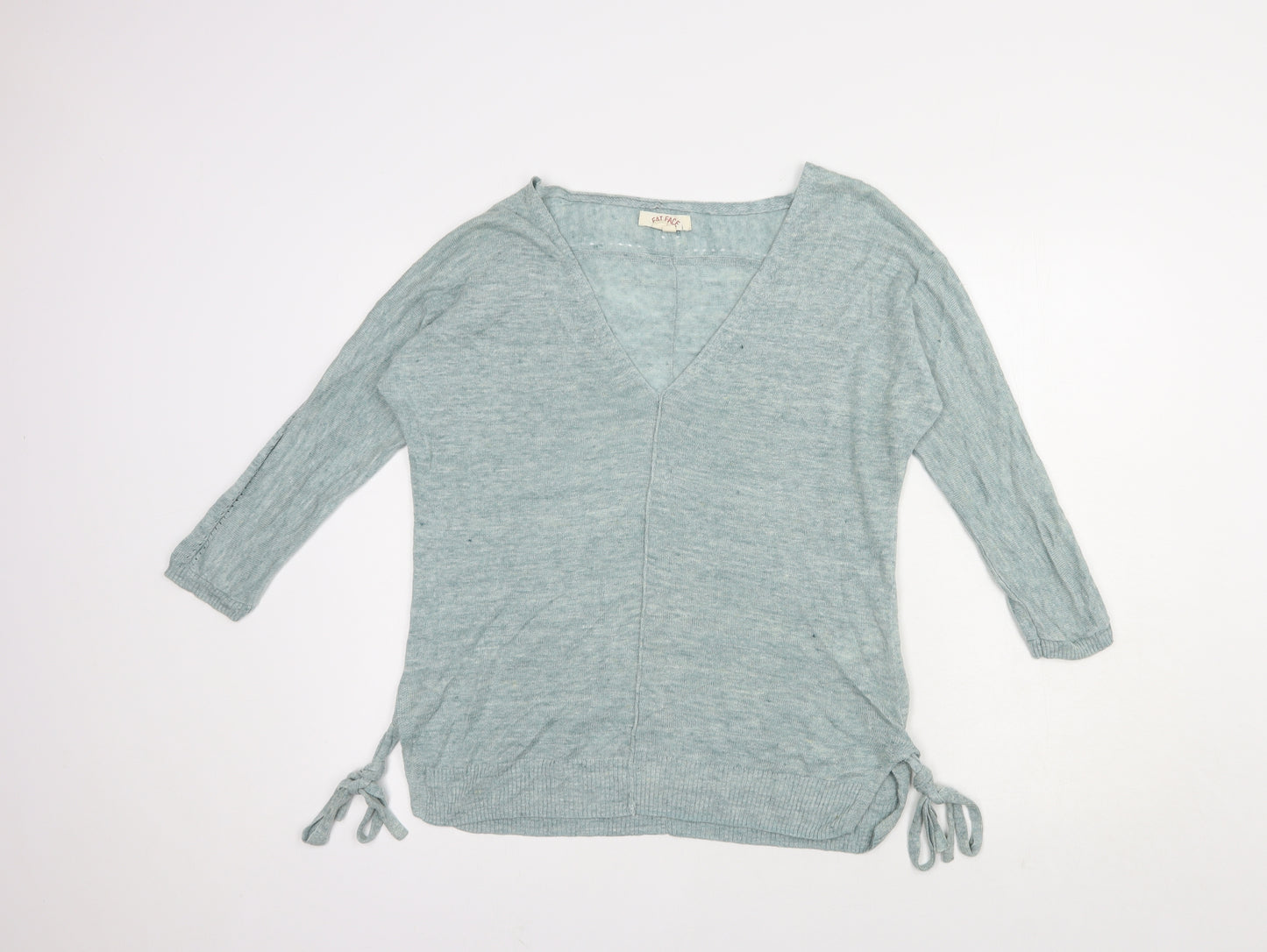 Fat Face Womens Green V-Neck  Linen Pullover Jumper Size 8