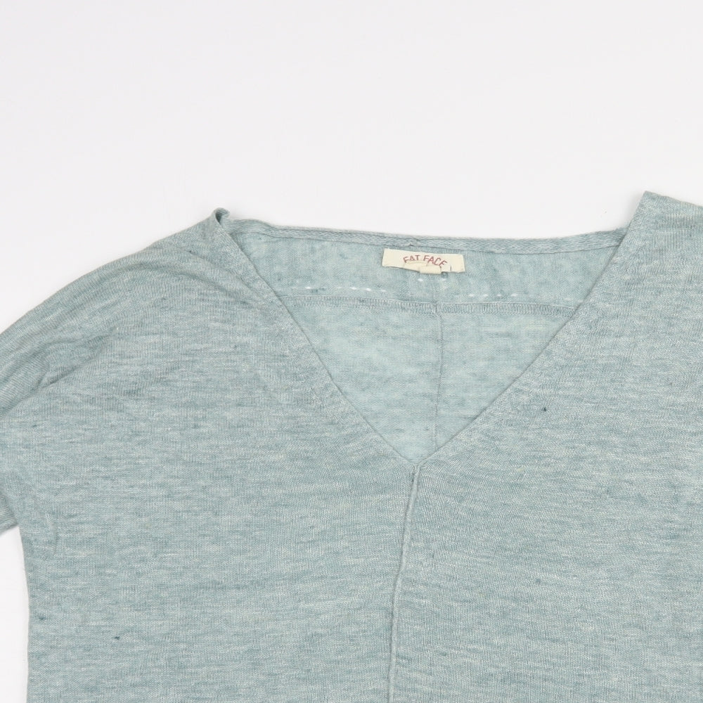 Fat Face Womens Green V-Neck  Linen Pullover Jumper Size 8