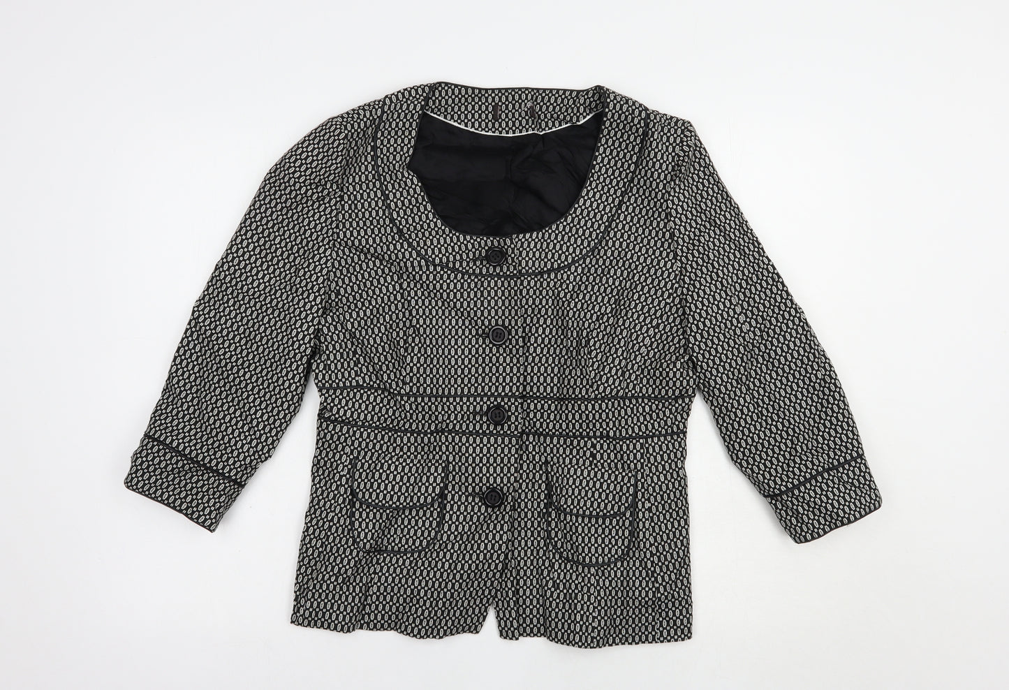 Preworn Womens Black Geometric  Jacket Blazer Size 14  Button