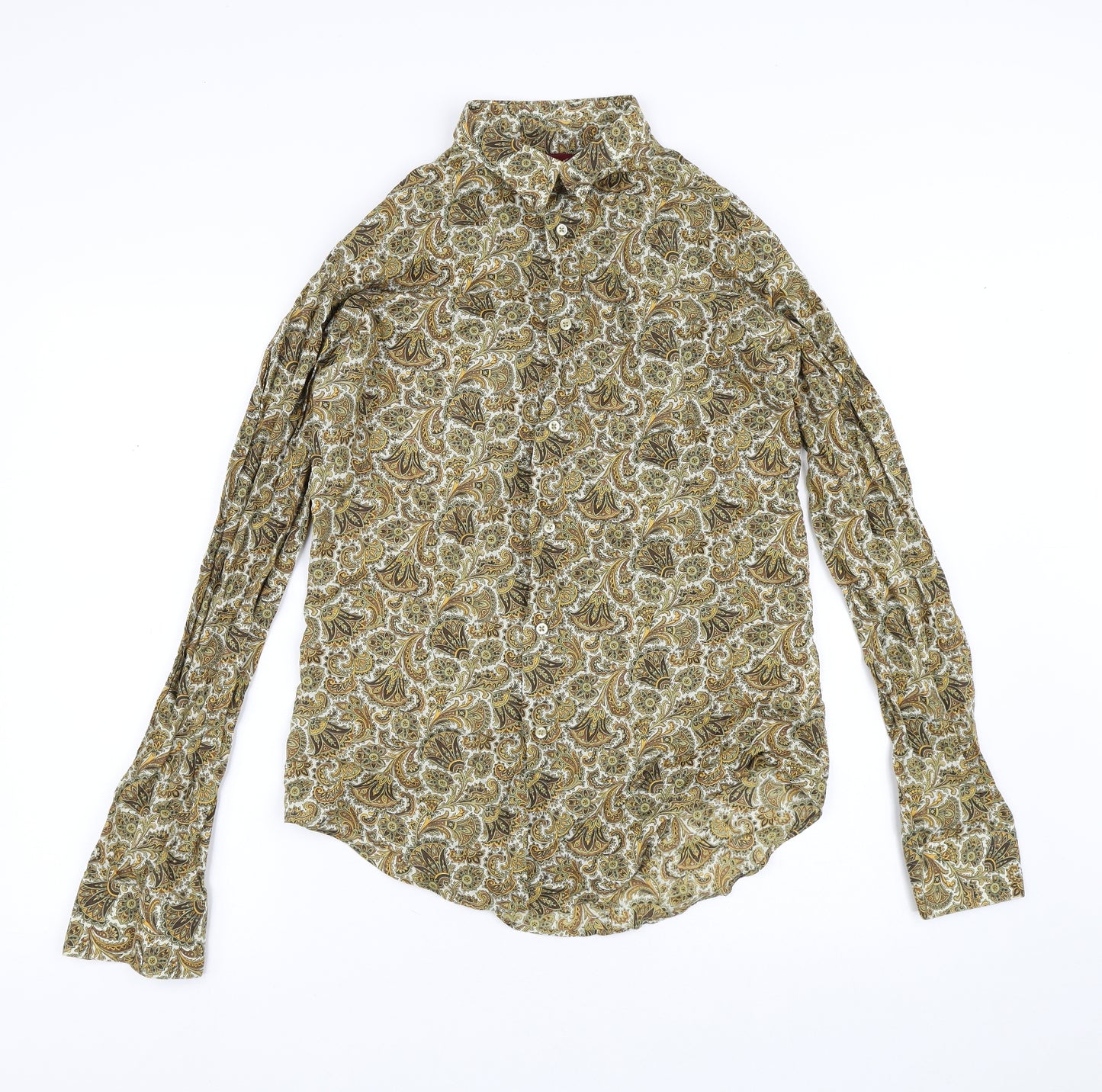 Zara Womens Green Paisley 100% Cotton Basic Button-Up Size M V-Neck