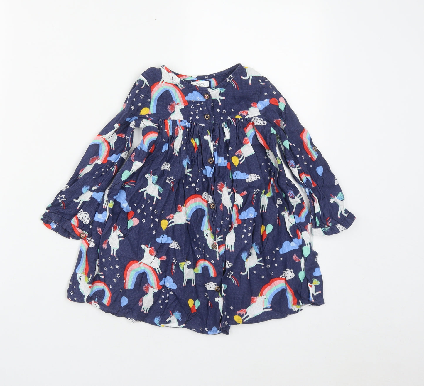 NEXT Girls Blue  Cotton A-Line  Size 2-3 Years  Round Neck Button - Unicorn & Rainbows