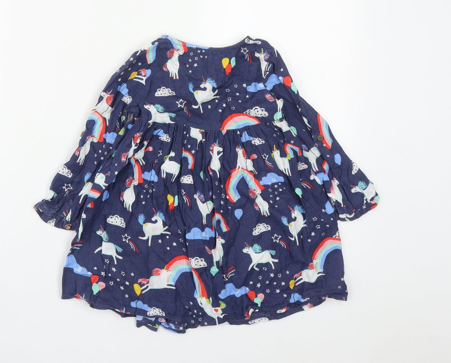 NEXT Girls Blue  Cotton A-Line  Size 2-3 Years  Round Neck Button - Unicorn & Rainbows
